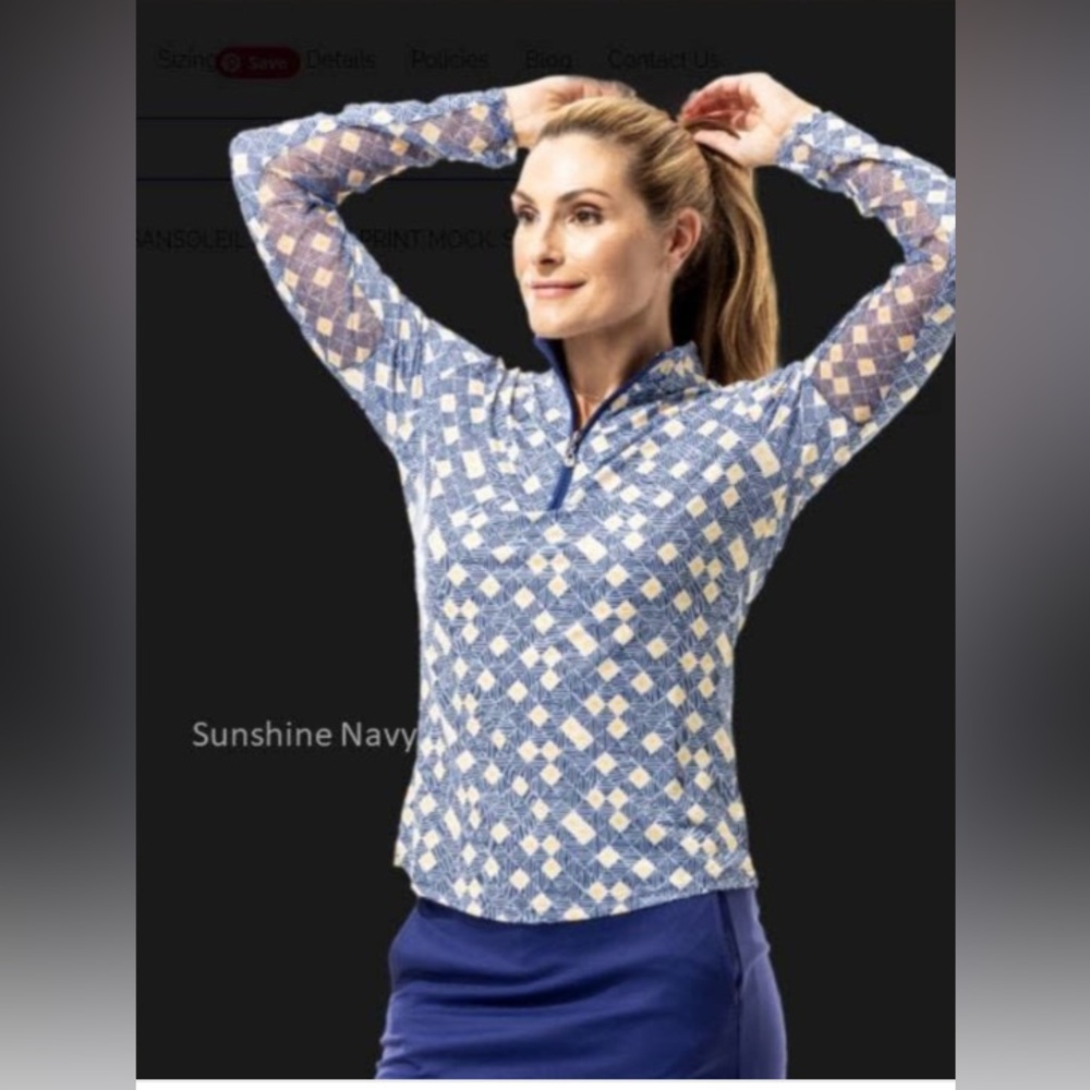 SANSOLEIL WOMEN’S SOLCOOL PRINT MOCK, 1/4 ZIP, SIZE LARGE, SUNSHINE NAVY NEW